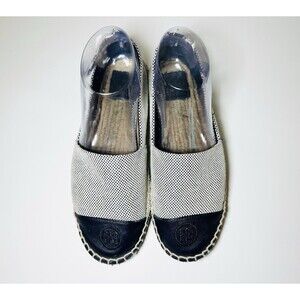 TORY BURCH Blue Tan Espadrilles Flat Slip On Shoes Canvas Color Block Women's 8